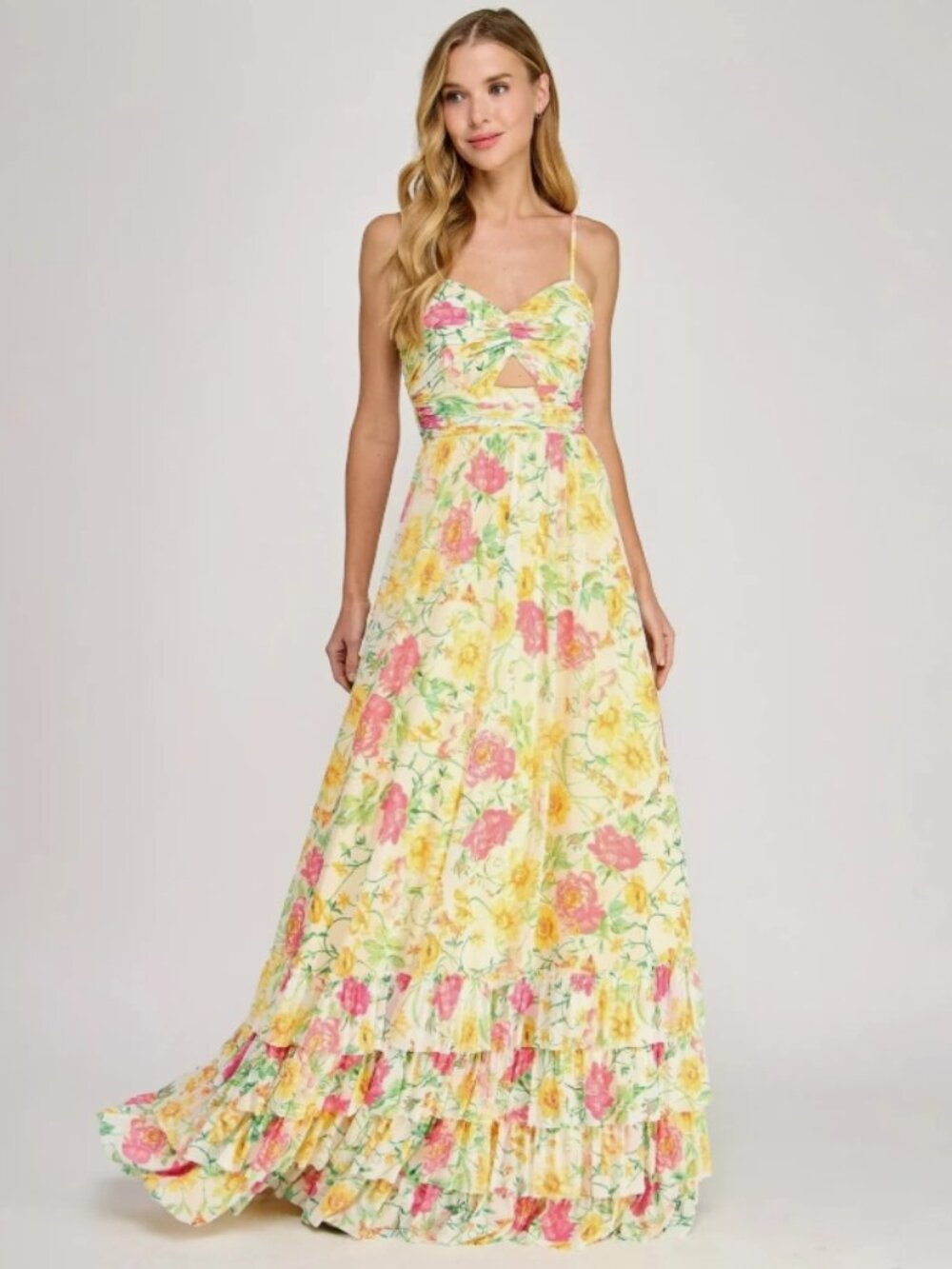 Dear Moon Juniors Floral Ruched Cutout Gown Sz 15 Yellow Multi